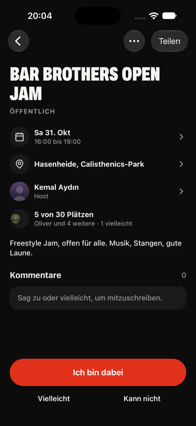 Eine geplante Session: Datum, Ort, Host und belegte Plätze, mit den Antworten „Ich bin dabei“, „Vielleicht“ und „Kann nicht“.