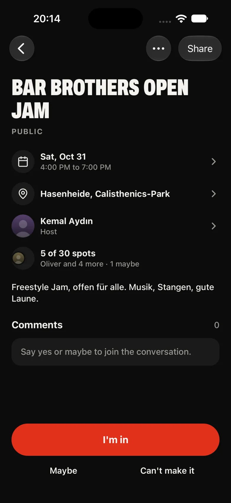 A planned session: date, place, host and seats taken, with the answers I'm in, Maybe and Can't make it.