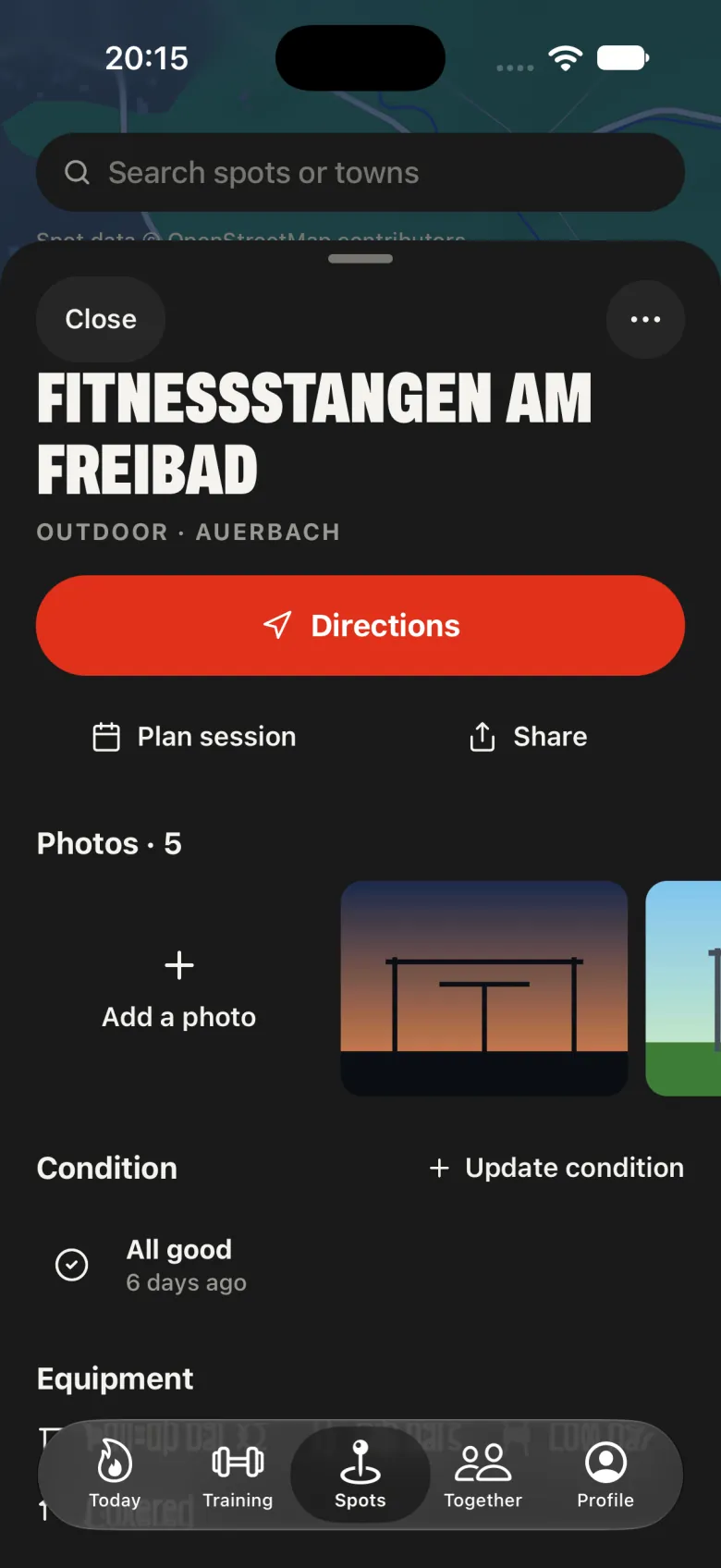 A spot page: the Directions button, photos, the condition of the spot and its equipment.