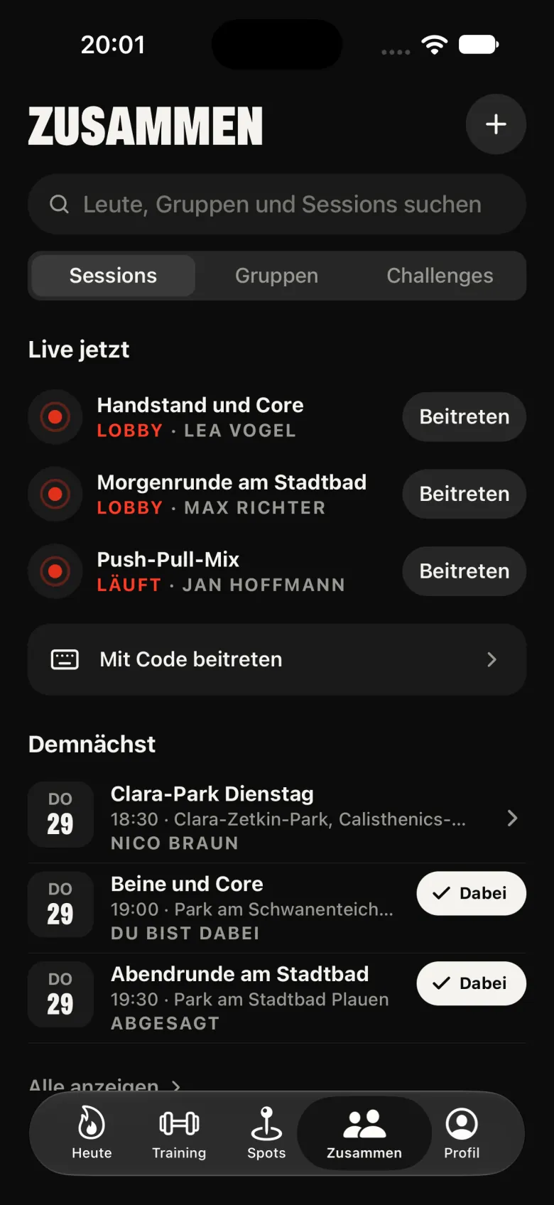 Der Reiter Zusammen: Live-Sessions zum Beitreten, ein Feld für den Code und die nächsten Sessions mit deiner Antwort.