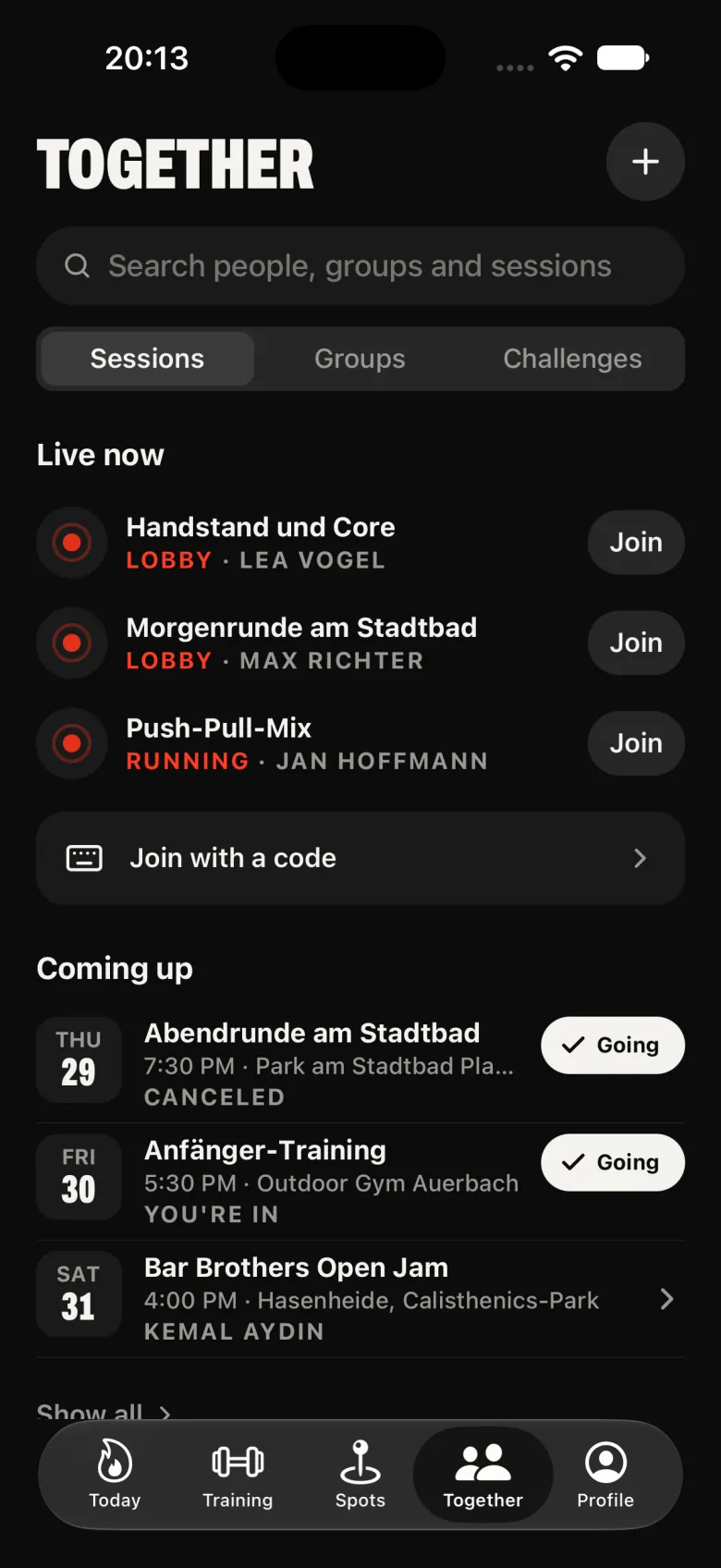 The Together tab: live sessions to join, a field for a code, and the sessions coming up with your answer.